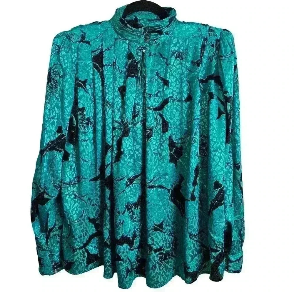 Vintage TESS Paris Milano Turquoise and Black Mock neck Blouse